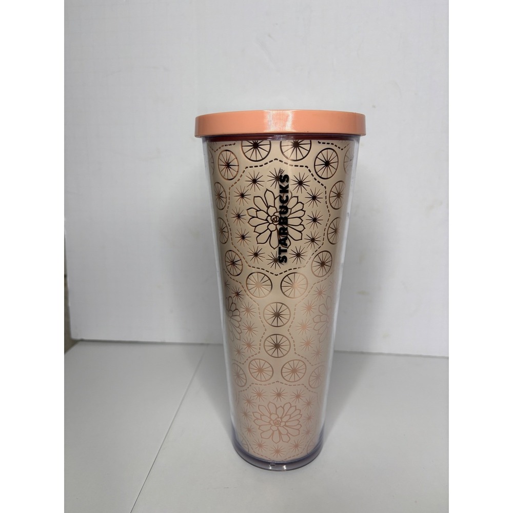 Starbucks‎ Rose Gold Geometric Floral Mandala Venti Cold Cup Tumbler 24oz Peach